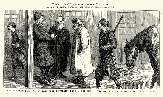 Vintage illustration The Eastern Question: Tartar Basardjick, Bulgaria, an Officer Just Returned from Alexinatz: Did You See Anything of Our Boy Selim?, 1877, 19th Century History