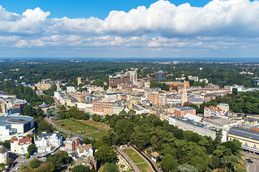 Wide angle aerial view over Bournemouth on England’s south coast, UK