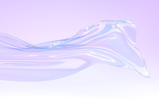 istock Flying iridescent glass ribbon or water wave 3d render. Holographic transparent shape with gradient texture in motion. Abstract crystal or plastic form on purple geometric background 1461347751