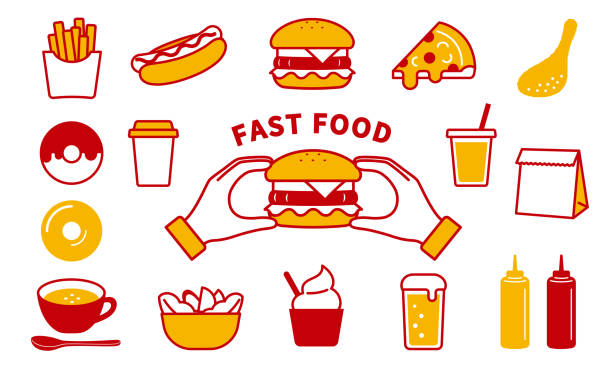 illustrazioni stock, clip art, cartoni animati e icone di tendenza di set di icone fast food - burger hamburger food fast food