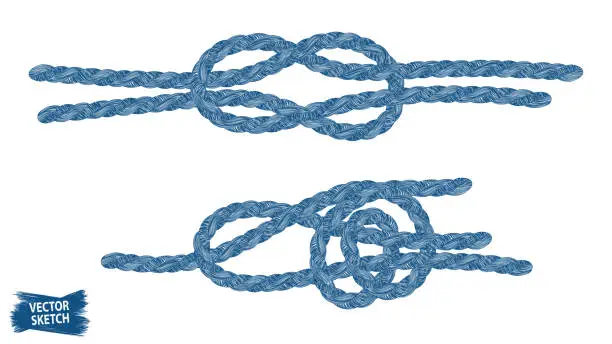 Vector illustration of Knots sketches. Nautical rope. Braid. Rope knots. Braided trim. Marine. Sail. Ship. Boat. Sailor. Sea. Ocean. Fishing. Fisherman. Vintage. Hand made.