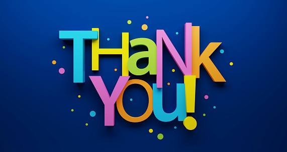 3D render THANK YOU! colorful typography banner with dots on blue background