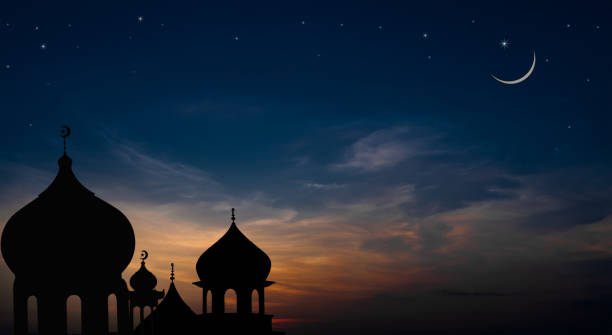 Crescent moon over mosques Mosques dome on dusk sunset sky and crescent moon symbol religion of Islamic free space text with Ramadan month, Eid Al Adha, Eid Ul Fitr, Muharram islam moon stock pictures, royalty-free photos & images