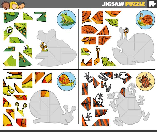 bildbanksillustrationer, clip art samt tecknat material och ikoner med jigsaw puzzle task with cartoon animal characters - pentatomidae
