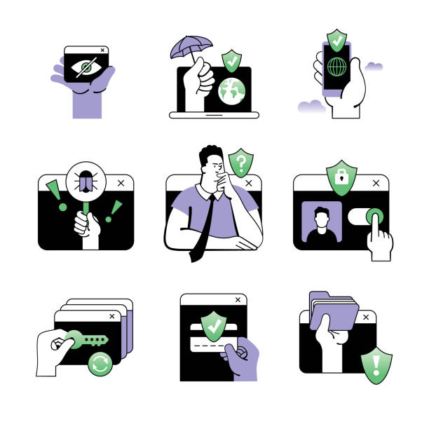 illustrazioni stock, clip art, cartoni animati e icone di tendenza di cyber icone di sicurezza - computer key illustrations