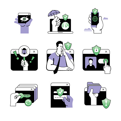Online security icon set, which includes online privacy protection, secure payments, password manager, data protection and more. Editable vectors on layers.