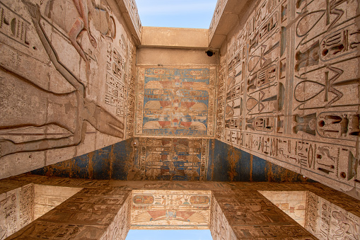 Painted relief on the ceiling of the Temple of Hathor at Dendera .Egypt .