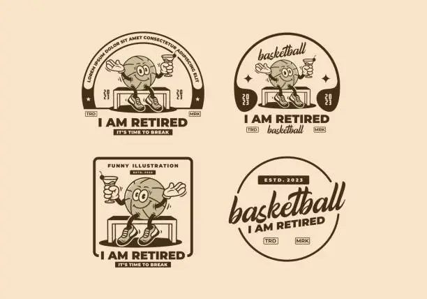 Vector illustration of Mascot character badge design of a basketball holding a drinking glass