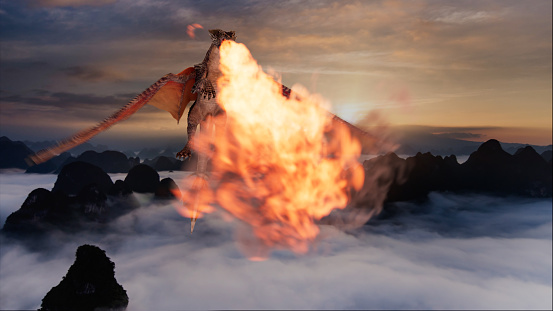 Dragon flying over rolling clouds at sunrise looking towards the camera