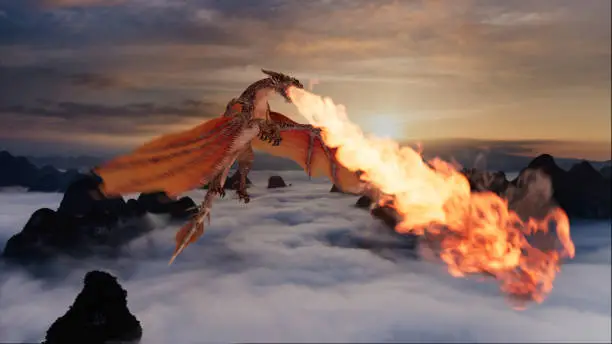 Dragon flying over rolling clouds at sunrise looking towards the camera