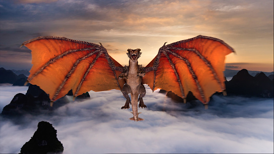 Dragon flying over rolling clouds at sunrise looking towards the camera