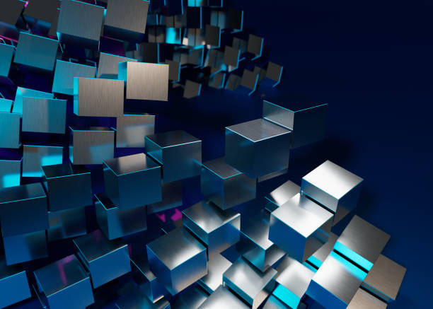istock Futuristic vortex like array of stainless steel neon light emitting blocks, pointing towards copy space. Blue background. 1461358933