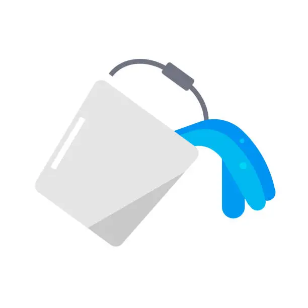 Vector illustration of Flat design bucket and water icon. Spilling water from bucket. Vector.