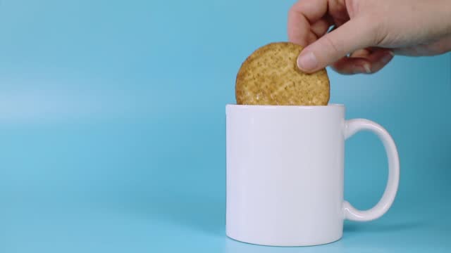 Eating normal grain healthy cookie with milk, female hand dipping cookies in milk on blue background, dairy product, snack, morning tasty food