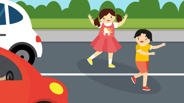 Boy and girl crossing the road in the wrong place Illustration of Boy and girl crossing the road in the wrong place blurred motion people walking stock illustrations