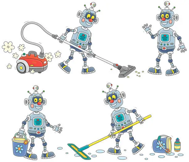 Vector illustration of Cartoon set of a funny robot doing housework