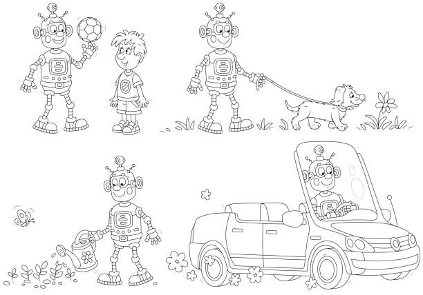 Cartoon set of a funny robot playing and working Vector clipart collection of a toy droid playing a ball with a little boy, walking with a merry dog, watering garden plants and driving a small car, black and white outline vector illustrations for a coloring book kids cleaning up toys stock illustrations