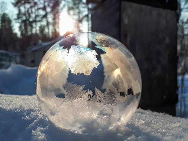 istock Macro of round, frozen soap bubble forming beautiful leaf and tree like pattern while freezing in very cold temperatures in winter 1461363626