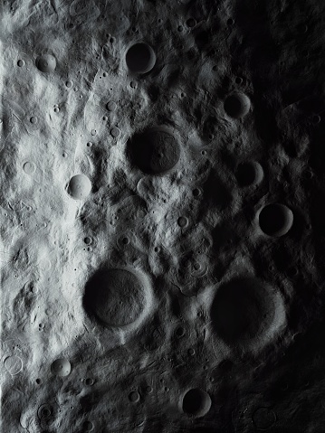 Impact craters on the surface of the moon. Landscape of the Earth's satellite. Details of the planetary relief, view from orbit.