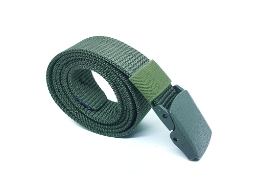 Military tactical belt with semi-automatic buckle for connection. Isolated on white background
