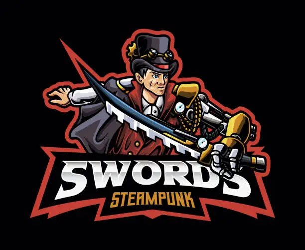 Vector illustration of Steampunk Swordsman Mascot emblem Design