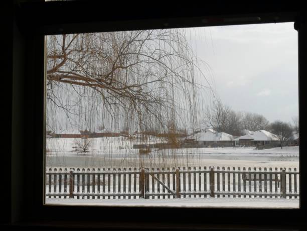 istock Winter scene by the pond framed by the windows 1461367370