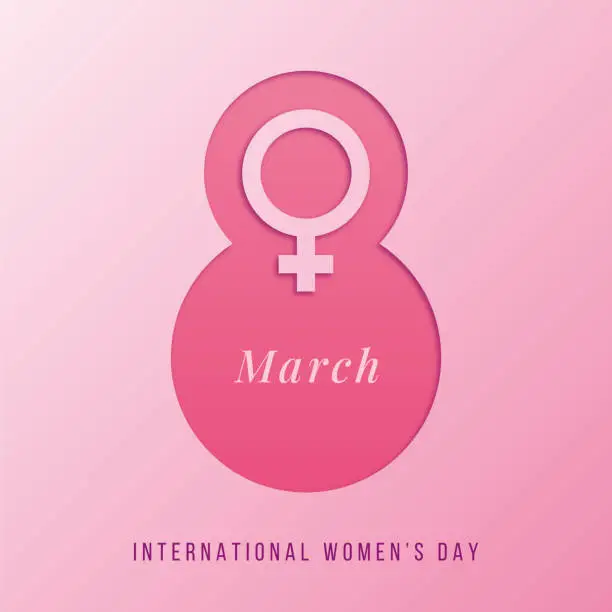 Vector illustration of March 8 symbol in paper cut style with shadows. International Women's day pink background.