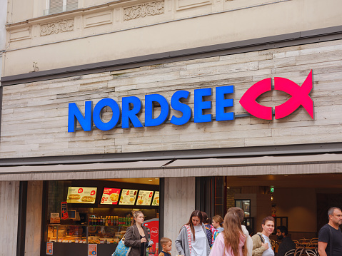 Vienna, Austria - August 8, 2022: Logotype of NORDSEE. NORDSEE is a german seafood compoany chain based in Bremerhaven.