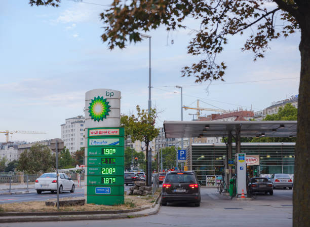 Cars refuel at the BP gas station stock photo