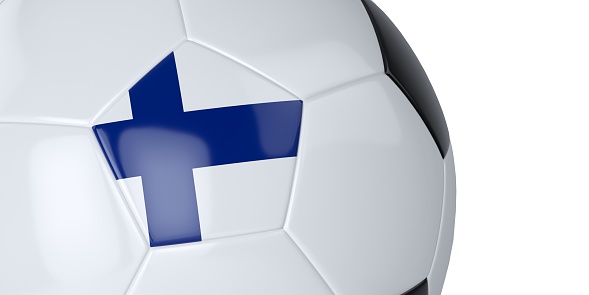 White soccer ball with the flag of Finland on a white background. Isolated. Close up. 3D illustration.
