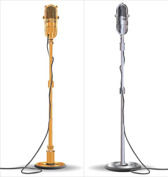 Realistic microphones professional metal mics with wire on holder vector