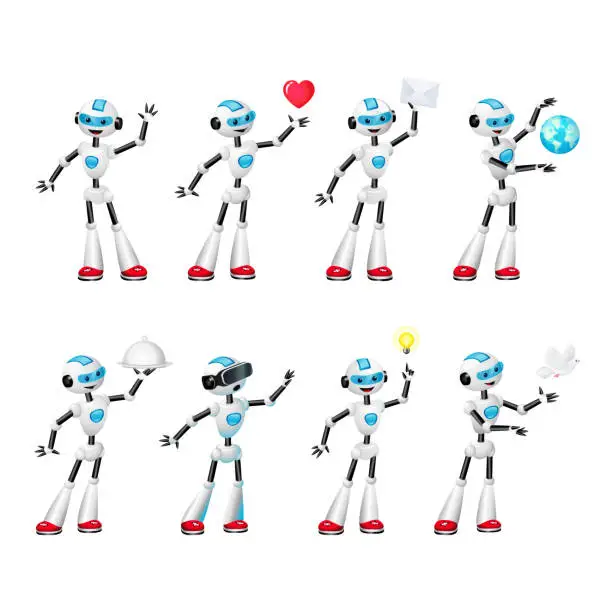 Vector illustration of Set of cute cartoon robot in various poses. Vector illustration isolated on white background