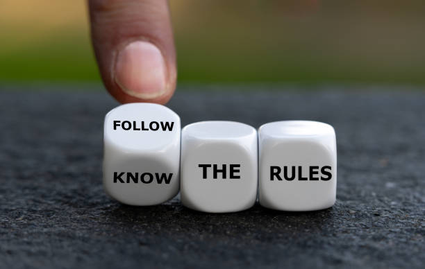 Hand turns dice and changes the expression 'know the rules'. to 'follow the rules'. stock photo