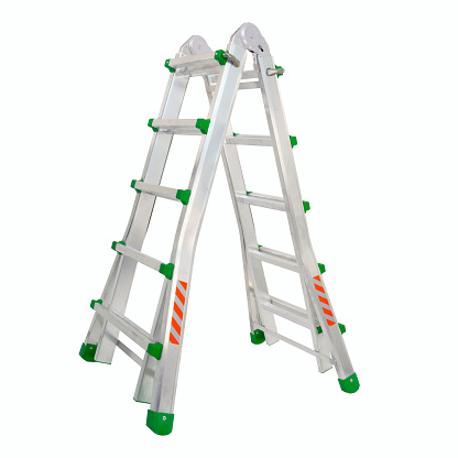 Aluminium stepladder isolated on white background. Portable ladder in a studio setting. An easy and reliable tool for performing installation work.