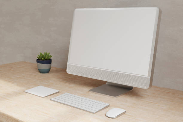 istock Minimal Scandinavian working space with desktop computer mockup on wooden table. 3d render 1461378007