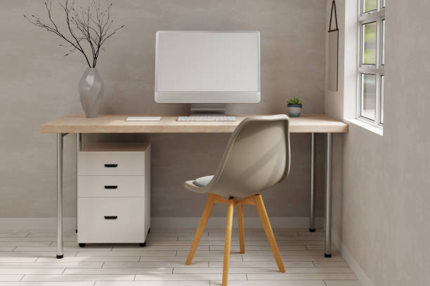 istock Minimal Scandinavian working space with desktop computer mockup on wooden table. 3d render 1461378398