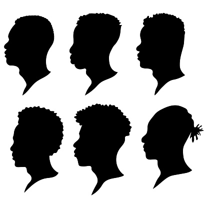 Silhouettes of African Americans. A set of men's profile silhouettes. Hair contour. Vector illustration