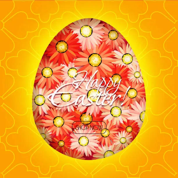 Vector illustration of Happy easter! Flower composition in the shape of an egg on an abstract colored religious background. Advertising banner or poster.