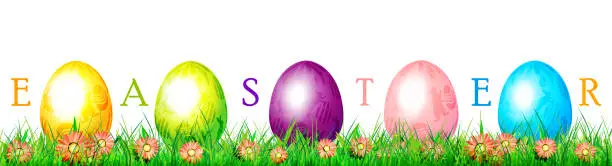 Vector illustration of happy easter! Easter colorful eggs in the grass with flowers on an isolated white background. Festive graphic set.