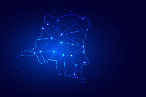 Abstract Map of Democratic Republic of the Congo from polygonal blue lines and glowing Abstract Map of Democratic Republic of the Congo from polygonal blue lines and glowing stars on dark blue background. Vector illustration eps10. kinshasa stock illustrations
