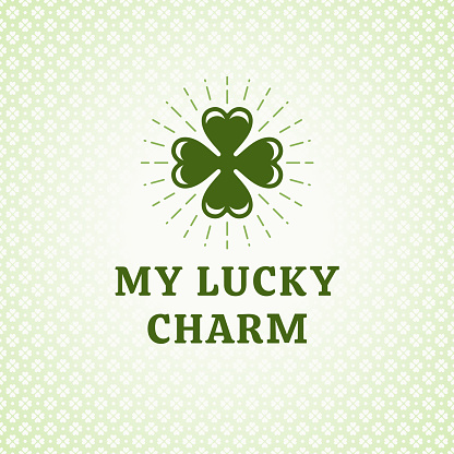 St Patrick's Day lucky charm bright green glover vintage greeting card typographic template vector illustration. Irish fortune sign leaf with rays foliage floral ornate background Celtic holiday