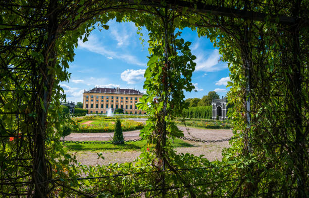 Back view of the famous Schonbrunn palace from a public accessible garden on a sunny day Vienna, Austria - August 12, 2022: Back view of the famous Schonbrunn palace in Austria, seen from a public accessible garden on a sunny day with blue sky and contrasty clouds. Austrian landmark view and its capital city skyline habsburg dynasty stock pictures, royalty-free photos & images