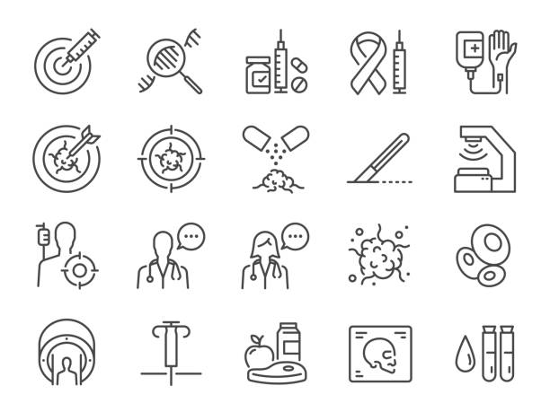 ilustrații de stoc cu set de icoane oncologice. incluse icoane ca cancer, tratament, radioterapie, terapie direcționate, medicale, și mai mult. - medicament de chimioterapie