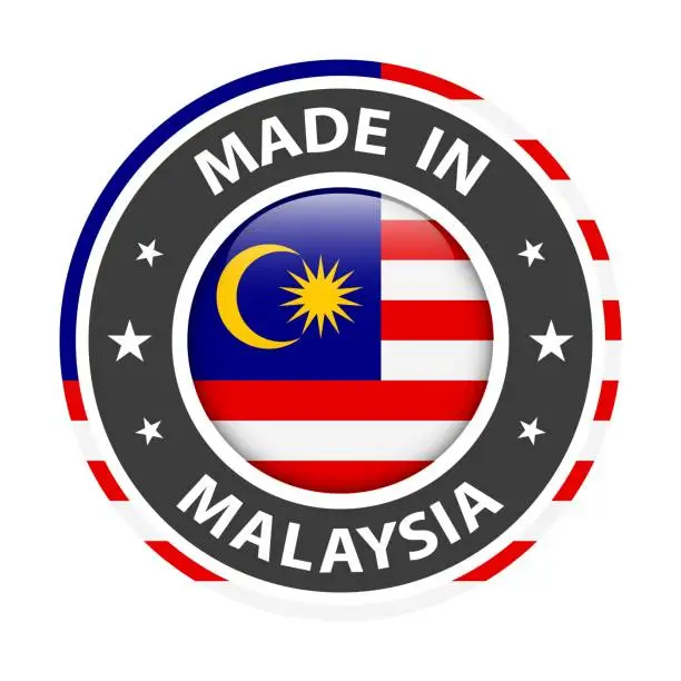 Vector illustration of Made in Malaysia badge vector. Sticker with stars and national flag. Sign isolated on white background.