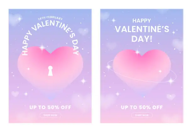 Vector illustration of Happy Valentine's Day greeting card set. Gradient, Typography poster, 3D, y2k aesthetic. Social media template. Digital marketing, Sale, Fashion advertising. Banner, Flyer. Trendy vector illustration.