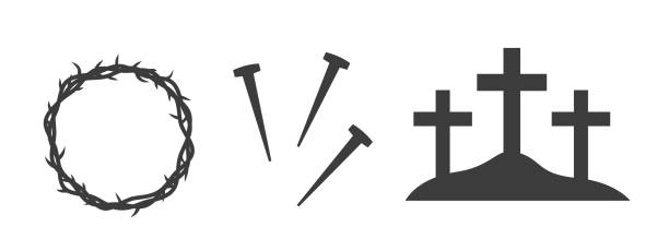 crown of thorns, nails and crosses on mount Calvary; Crucifixion of Jesus Christ, Good Friday concept crown of thorns, nails and crosses on mount Calvary; Crucifixion of Jesus Christ, Good Friday concept- vector illustration nail cross stock illustrations