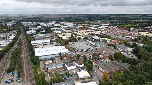 industrial estate  Letchworth Garden City, Hertfordshire England  Drone, Aerial, view from air, birds eye view, industrial estate  Letchworth Garden City, Hertfordshire England  Drone, Aerial, view from air, birds eye view, letchworth garden city stock pictures, royalty-free photos & images