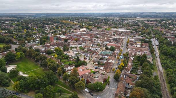 letchworth garden city, hertfordshire anglia drone, antena, widok z powietrza, widok z lotu ptaka, - letchworth garden city zdjęcia i obrazy z banku zdjęć