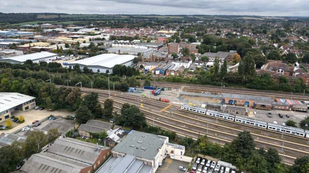 train station letchworth garden city, hertfordshire england  drone, aerial, view from air, birds eye view, - letchworth garden city imagens e fotografias de stock