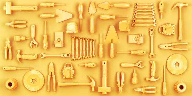 colored yellow tools set background concept of repair tools warehouse promotion 3d render stock photo